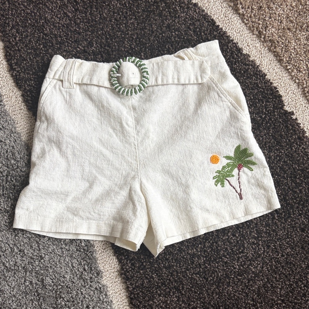 FARM Rio Cream High-Waist Embroidered Palm Shorts with Beaded Belt